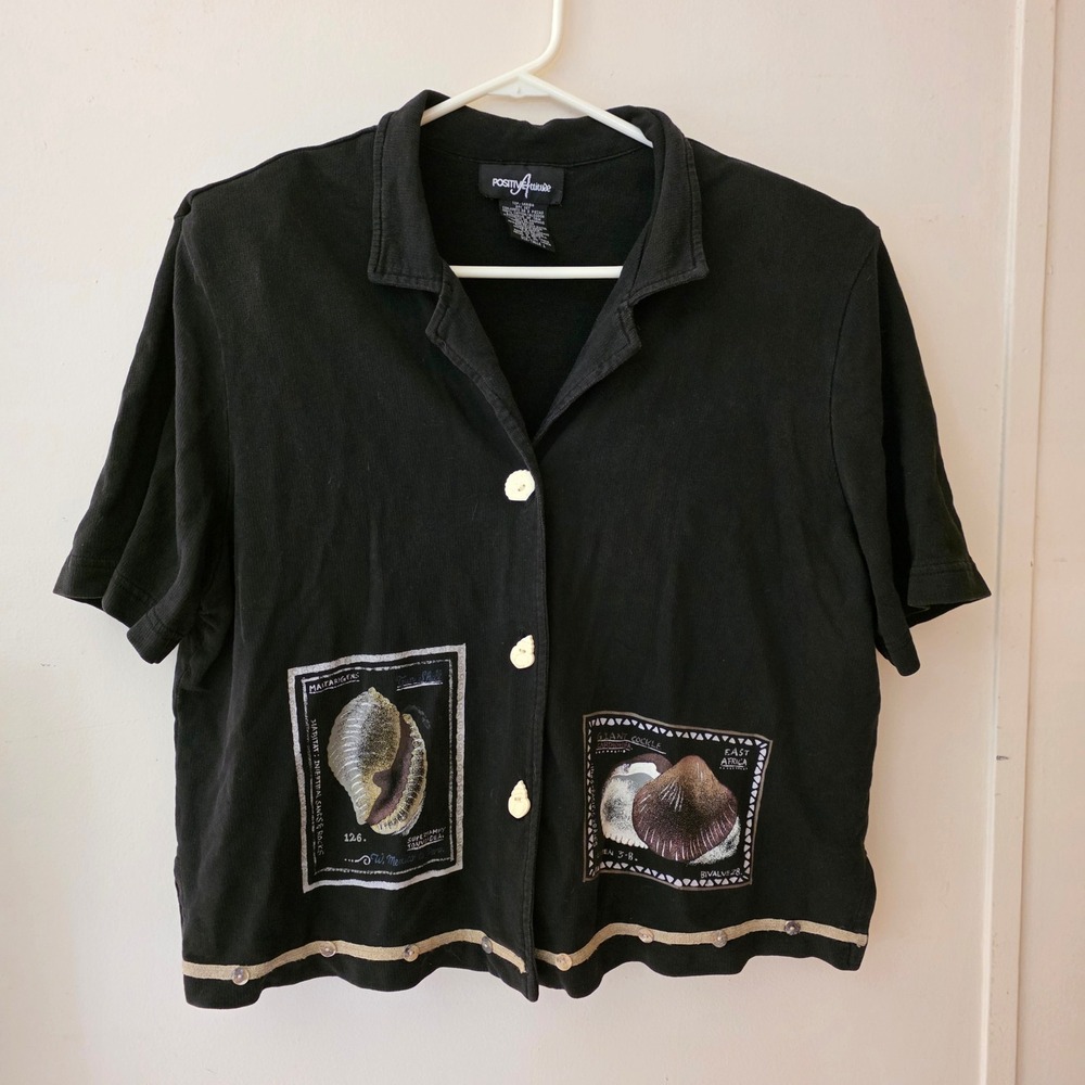 Vintage Womens Seashell Button Up Top Size Large Black Graphic Nautical Coastal